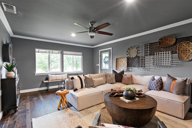 919 Old Justin Rd, Argyle, TX 76226 - living room featuring baseboards, crown molding, ceiling fan, and hardwood / wood-style floors