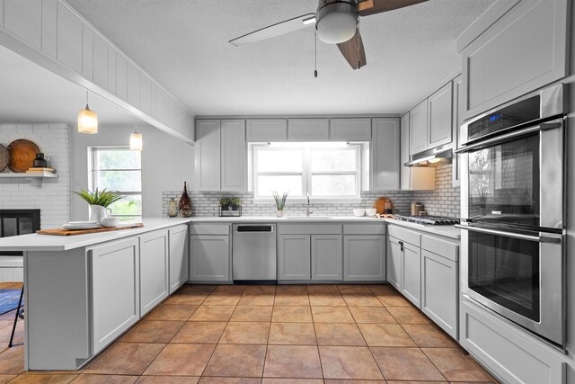 919 Old Justin Rd, Argyle, TX 76226 - kitchen featuring appliances with stainless steel finishes, a sink, a peninsula, gray cabinets, and a textured ceiling
