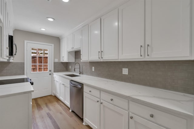13788 Brookgreen Cir, Dallas, TX 75240 - kitchen featuring dishwasher, a sink, black microwave, white cabinets, and recessed lighting
