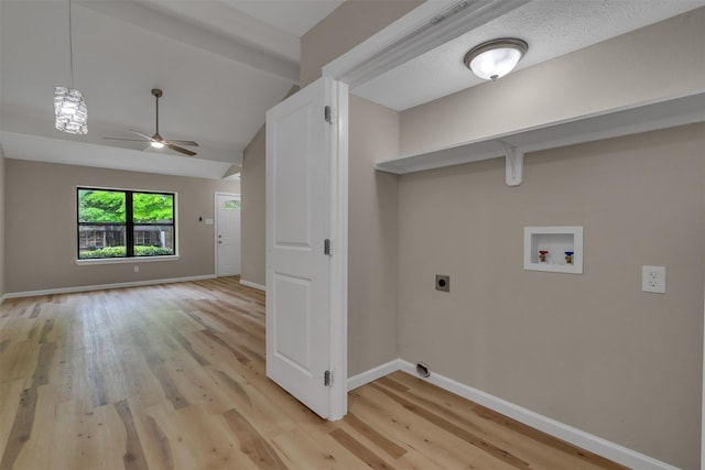13788 Brookgreen Cir, Dallas, TX 75240 - laundry area with electric dryer hookup, washer hookup, a ceiling fan, and light wood-style floors