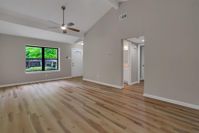 13788 Brookgreen Cir, Dallas, TX 75240 - unfurnished living room with baseboards, a ceiling fan, high vaulted ceiling, light wood-type flooring, and beamed ceiling