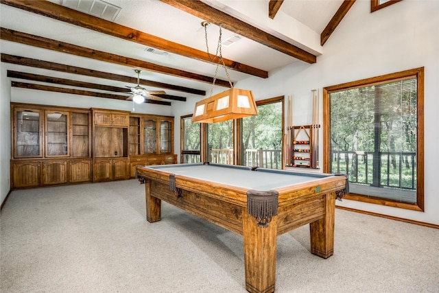 348 Indian Trl, Decatur, TX 76234 - recreation room featuring light carpet, beamed ceiling, ceiling fan, and pool table