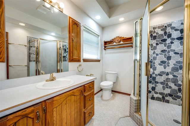 348 Indian Trl, Decatur, TX 76234 - bathroom featuring vanity, a shower stall, toilet, and recessed lighting