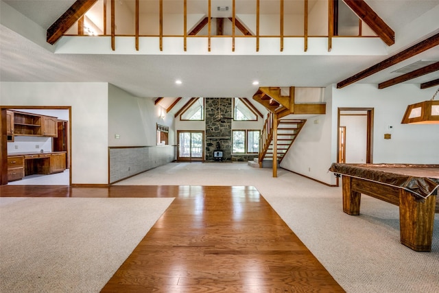 348 Indian Trl, Decatur, TX 76234 - game room featuring beam ceiling, wood finished floors, high vaulted ceiling, billiards table, and baseboards