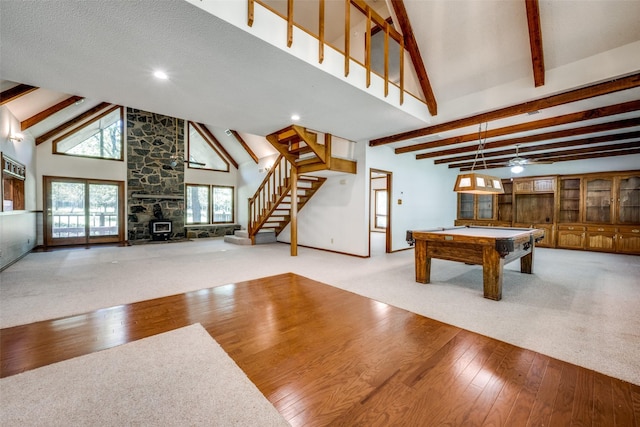 348 Indian Trl, Decatur, TX 76234 - game room with hardwood / wood-style flooring, beam ceiling, high vaulted ceiling, billiards, and carpet floors