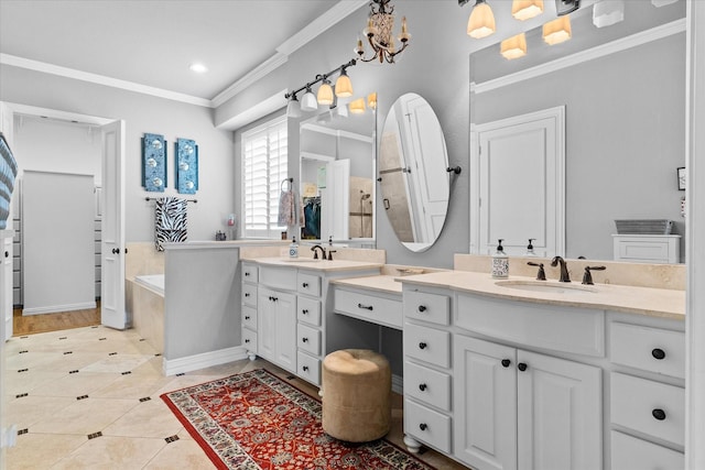 bathroom with ornamental molding, two vanities, tile patterned flooring, a garden tub, and recessed lighting