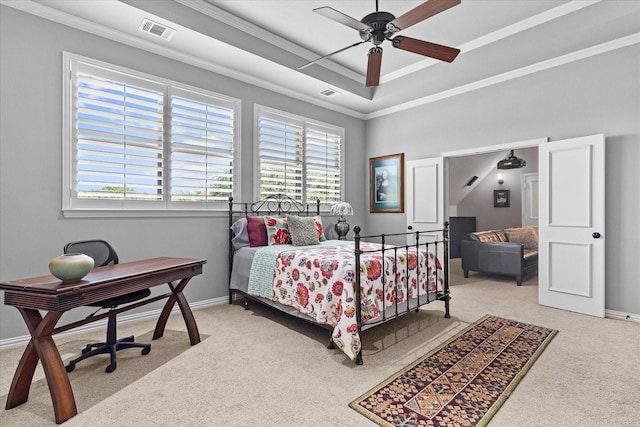 bedroom featuring light colored carpet, multiple windows, crown molding, an office area, and baseboards