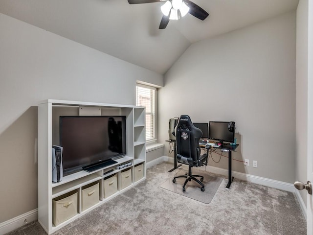 11724 Pistachio Trl, Fort Worth, TX 76108 - office with a ceiling fan, vaulted ceiling, light colored carpet, and baseboards