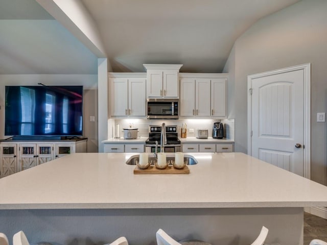 11724 Pistachio Trl, Fort Worth, TX 76108 - kitchen with appliances with stainless steel finishes, lofted ceiling, white cabinets, and light countertops