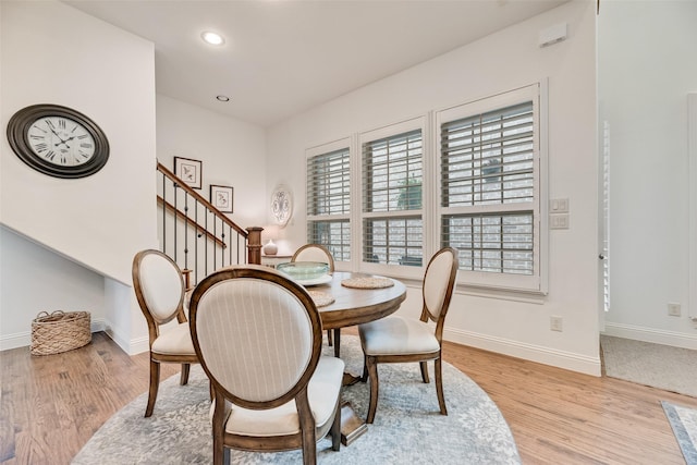 7320 San Saba Dr, Mckinney, TX 75070 - dining area featuring plenty of natural light, stairway, light wood-style flooring, and recessed lighting