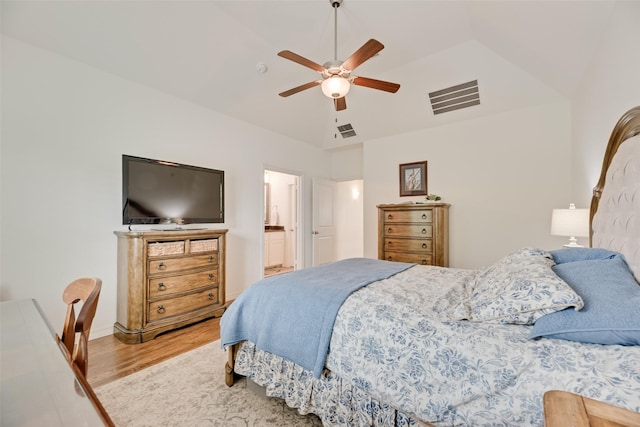 7320 San Saba Dr, Mckinney, TX 75070 - bedroom featuring light wood-type flooring, lofted ceiling, and a ceiling fan