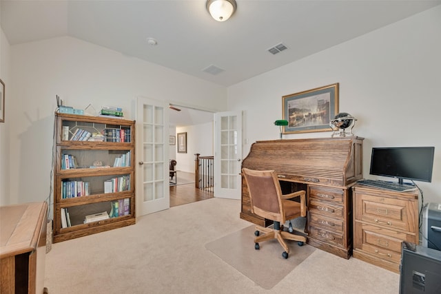 7320 San Saba Dr, Mckinney, TX 75070 - carpeted home office with french doors and vaulted ceiling