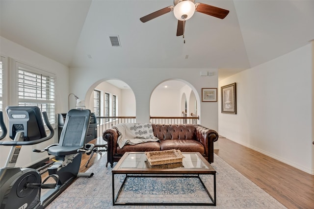 7320 San Saba Dr, Mckinney, TX 75070 - living room with ceiling fan, high vaulted ceiling, and wood finished floors