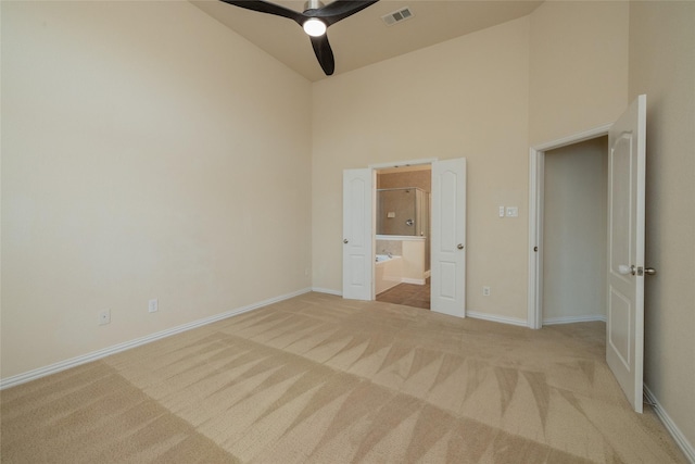 513 Northwyck Ln, Keller, TX 76248 - unfurnished bedroom with carpet, high vaulted ceiling, baseboards, ensuite bathroom, and ceiling fan