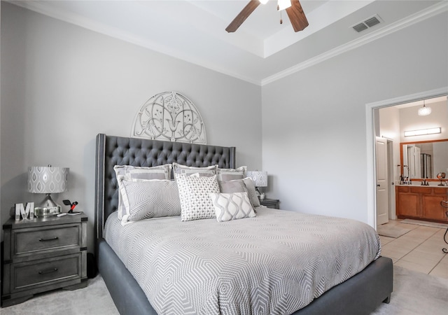4804 Spicewood Ln, Arlington, TX 76017 - tiled bedroom with ornamental molding, connected bathroom, and a ceiling fan