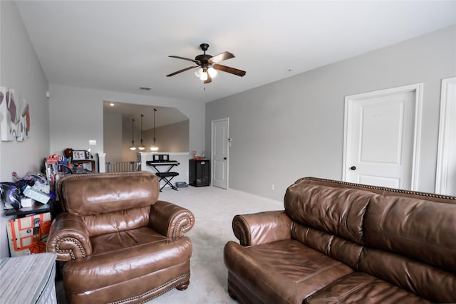 4804 Spicewood Ln, Arlington, TX 76017 - living area featuring light colored carpet, ceiling fan, and baseboards