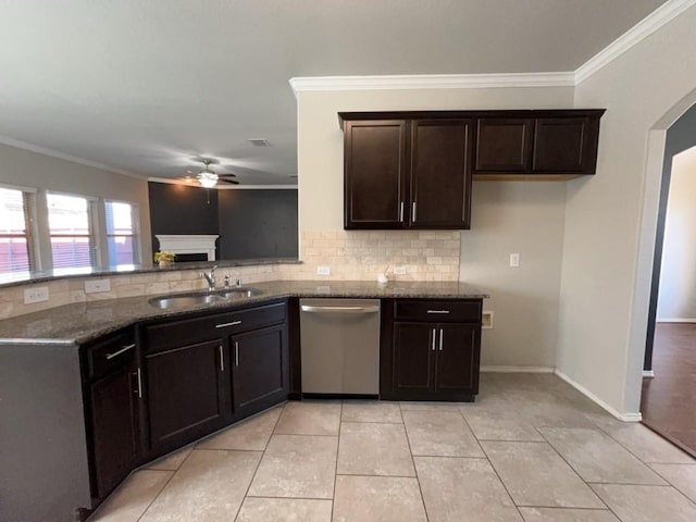 3000 Buckthorn St, Forney, TX 75126 - kitchen with stainless steel dishwasher, a sink, ceiling fan, dark stone counters, and ornamental molding