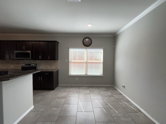 3000 Buckthorn St, Forney, TX 75126 - kitchen featuring stainless steel appliances, decorative backsplash, light tile patterned flooring, baseboards, and crown molding
