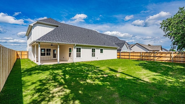 2204 Salina Cir, Granbury, TX 76048 - rear view of house featuring ceiling fan, a patio area, and a shingled roof