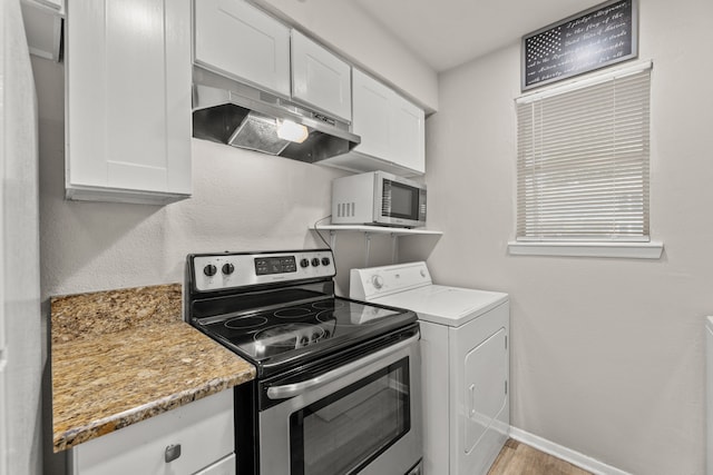 531 Norwood Cir E, Arlington, TX 76013 - kitchen with stainless steel range with electric cooktop, under cabinet range hood, washer / clothes dryer, white cabinets, and baseboards