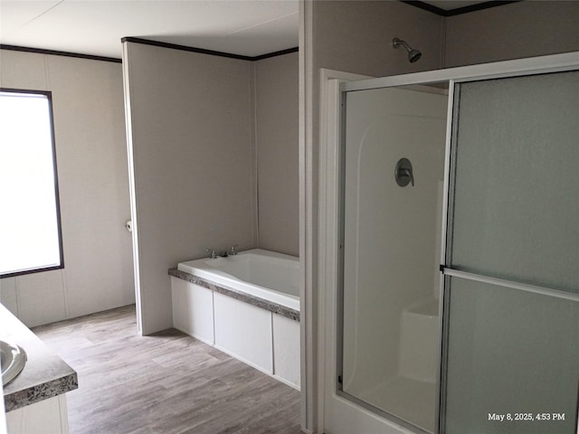 124 Eldorado St, Decatur, TX 76234 - bathroom with a shower stall, wood finished floors, a garden tub, and vanity