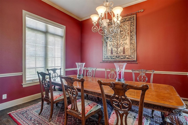 6700 Lions Gate Ct, Arlington, TX 76001 - dining area with a chandelier, crown molding, baseboards, and wood finished floors