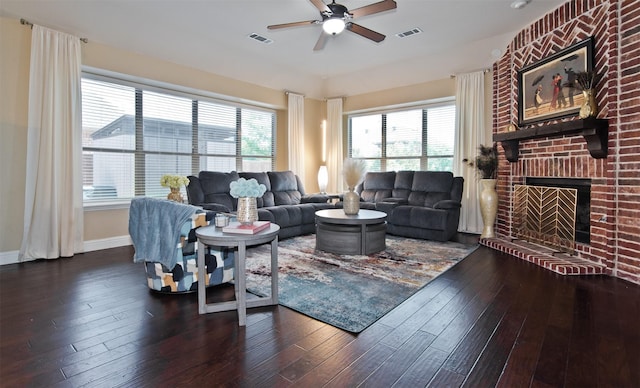 9521 Cholla Cactus Trl, Fort Worth, TX 76177 - living area featuring a ceiling fan, wood-type flooring, a fireplace, and baseboards