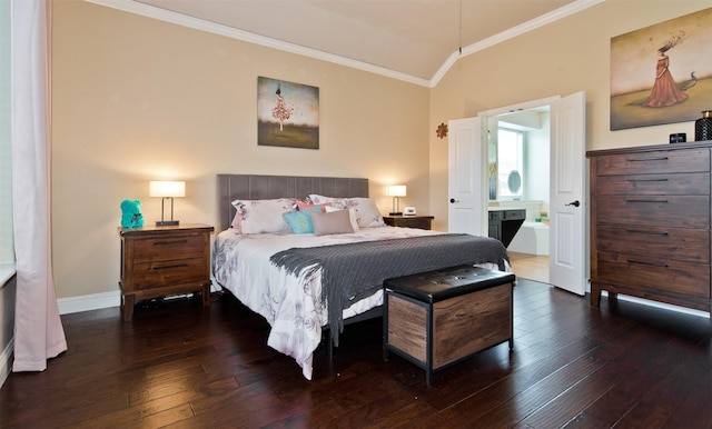 9521 Cholla Cactus Trl, Fort Worth, TX 76177 - bedroom with ornamental molding, lofted ceiling, wood-type flooring, connected bathroom, and baseboards