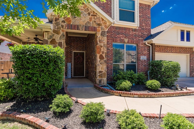 9521 Cholla Cactus Trl, Fort Worth, TX 76177 - property entrance with brick siding, stone siding, and a ceiling fan