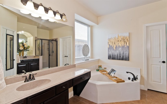 9521 Cholla Cactus Trl, Fort Worth, TX 76177 - full bathroom with a stall shower, a garden tub, vanity, and tile patterned floors