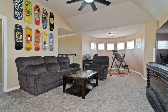 9521 Cholla Cactus Trl, Fort Worth, TX 76177 - living room featuring carpet flooring, a ceiling fan, vaulted ceiling, and baseboards