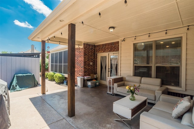 9521 Cholla Cactus Trl, Fort Worth, TX 76177 - view of patio featuring an outdoor living space and a sunroom