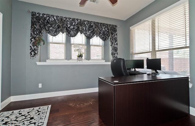 9521 Cholla Cactus Trl, Fort Worth, TX 76177 - home office with baseboards, wood finished floors, and ceiling fan