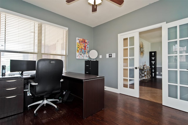 9521 Cholla Cactus Trl, Fort Worth, TX 76177 - office space featuring french doors, a ceiling fan, dark wood finished floors, and baseboards