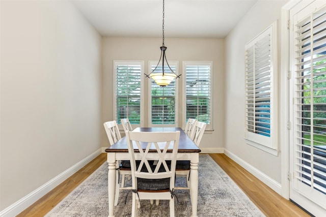 dining space with wood finished floors and baseboards