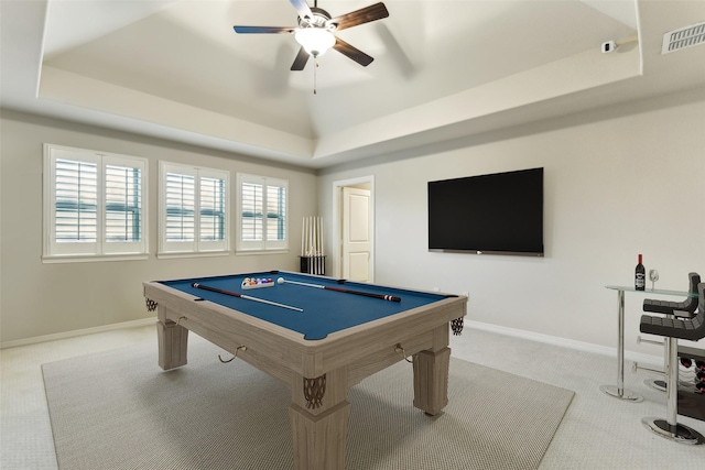 playroom featuring carpet flooring, a raised ceiling, a ceiling fan, pool table, and baseboards