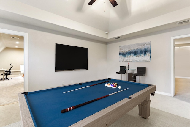 recreation room featuring carpet, a ceiling fan, billiards table, recessed lighting, and lofted ceiling
