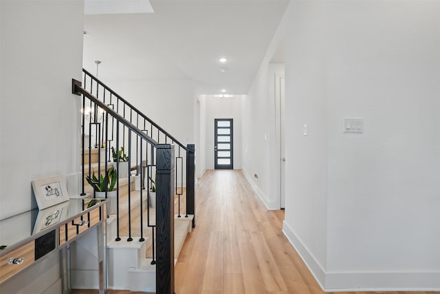 4008 Prickly Pear Ave, Aubrey, TX 76227 - hallway featuring light wood finished floors, baseboards, stairs, and recessed lighting