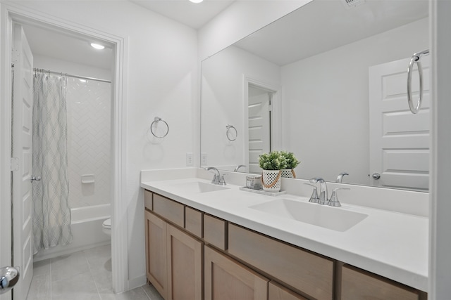 4008 Prickly Pear Ave, Aubrey, TX 76227 - bathroom featuring toilet, tile patterned flooring, double vanity, and shower / tub combo with curtain