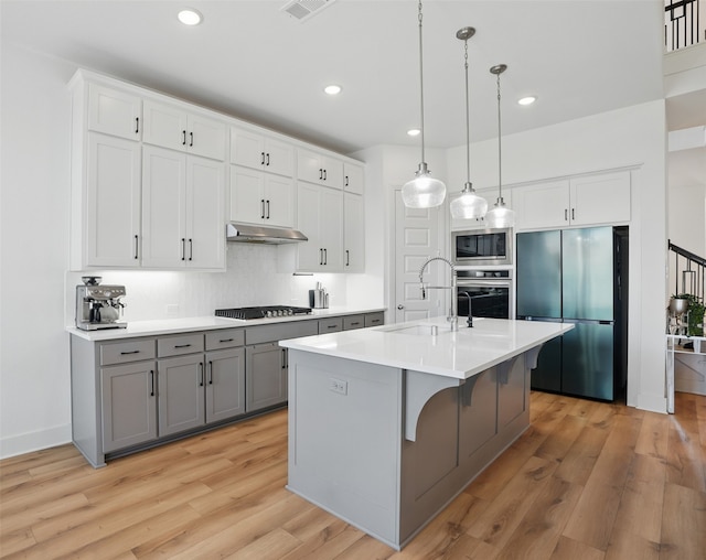 4008 Prickly Pear Ave, Aubrey, TX 76227 - kitchen with appliances with stainless steel finishes, gray cabinetry, a sink, under cabinet range hood, and light wood-type flooring