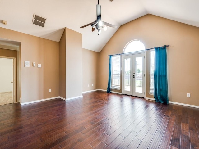 2540 Briardale Dr, Carrollton, TX 75006 - unfurnished room with a ceiling fan, dark wood finished floors, vaulted ceiling, french doors, and baseboards
