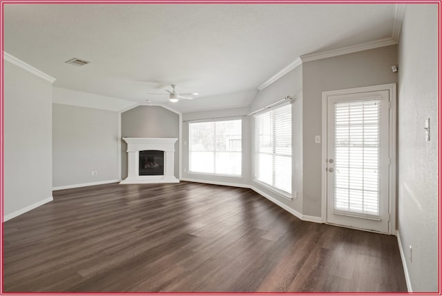 5005 Odeum Ct, Fort Worth, TX 76244 - unfurnished living room featuring ceiling fan, dark wood-style floors, crown molding, baseboards, and lofted ceiling