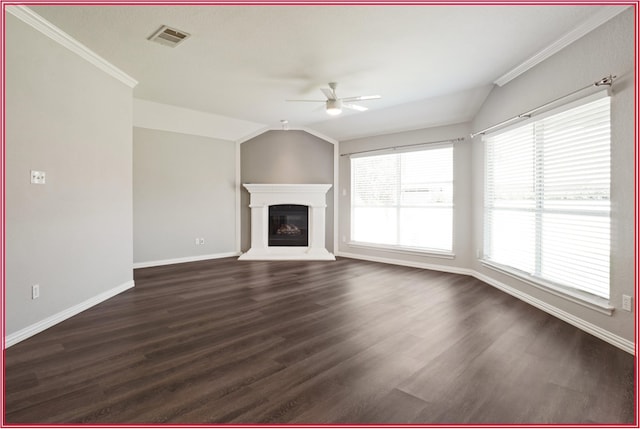 5005 Odeum Ct, Fort Worth, TX 76244 - unfurnished living room featuring ceiling fan, lofted ceiling, baseboards, dark wood-type flooring, and a glass covered fireplace