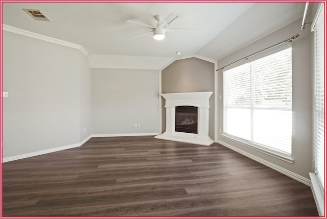 5005 Odeum Ct, Fort Worth, TX 76244 - unfurnished living room featuring a ceiling fan, a glass covered fireplace, baseboards, dark wood-style floors, and vaulted ceiling