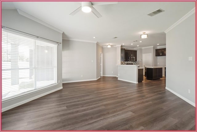 5005 Odeum Ct, Fort Worth, TX 76244 - unfurnished living room featuring crown molding, ceiling fan, recessed lighting, baseboards, and dark wood-style flooring