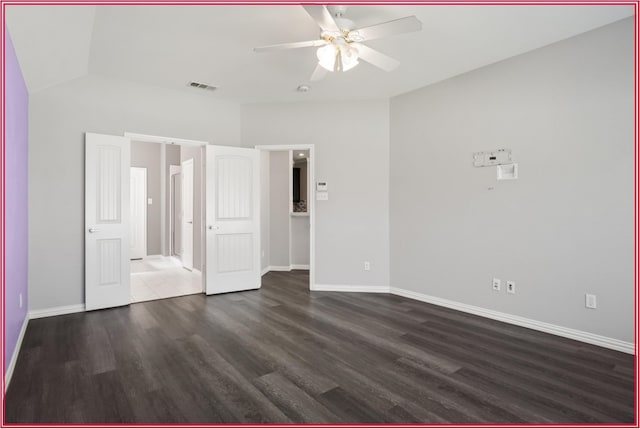 5005 Odeum Ct, Fort Worth, TX 76244 - unfurnished bedroom featuring dark wood-style floors, baseboards, a ceiling fan, and vaulted ceiling