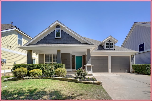 5005 Odeum Ct, Fort Worth, TX 76244 - view of front of house featuring a garage, driveway, a front yard, roof with shingles, and covered porch