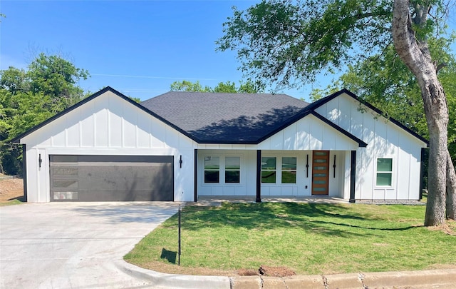 842 White Oak Dr, Woodway, TX 76712 - view of front of house featuring a garage, a shingled roof, board and batten siding, a front lawn, and covered porch