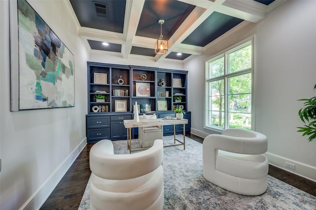 office area with baseboards, beamed ceiling, dark wood-style floors, coffered ceiling, and crown molding
