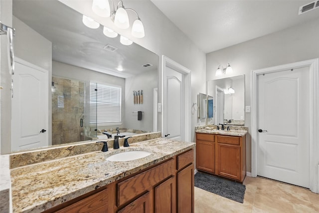 4624 Southpointe Dr, Richardson, TX 75082 - full bathroom with a shower stall, two vanities, a bath, and tile patterned flooring